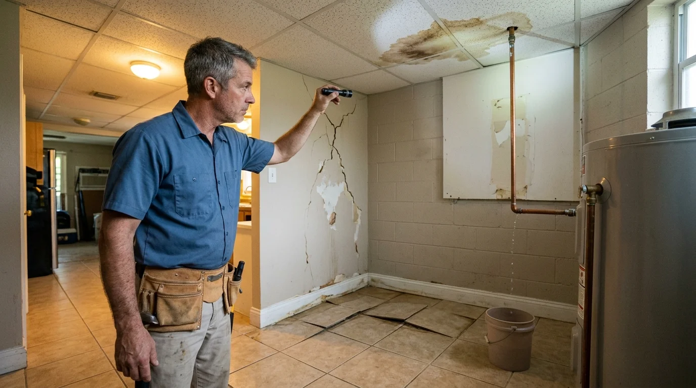 Handyman inspecting a Brevard County home for early signs of damage